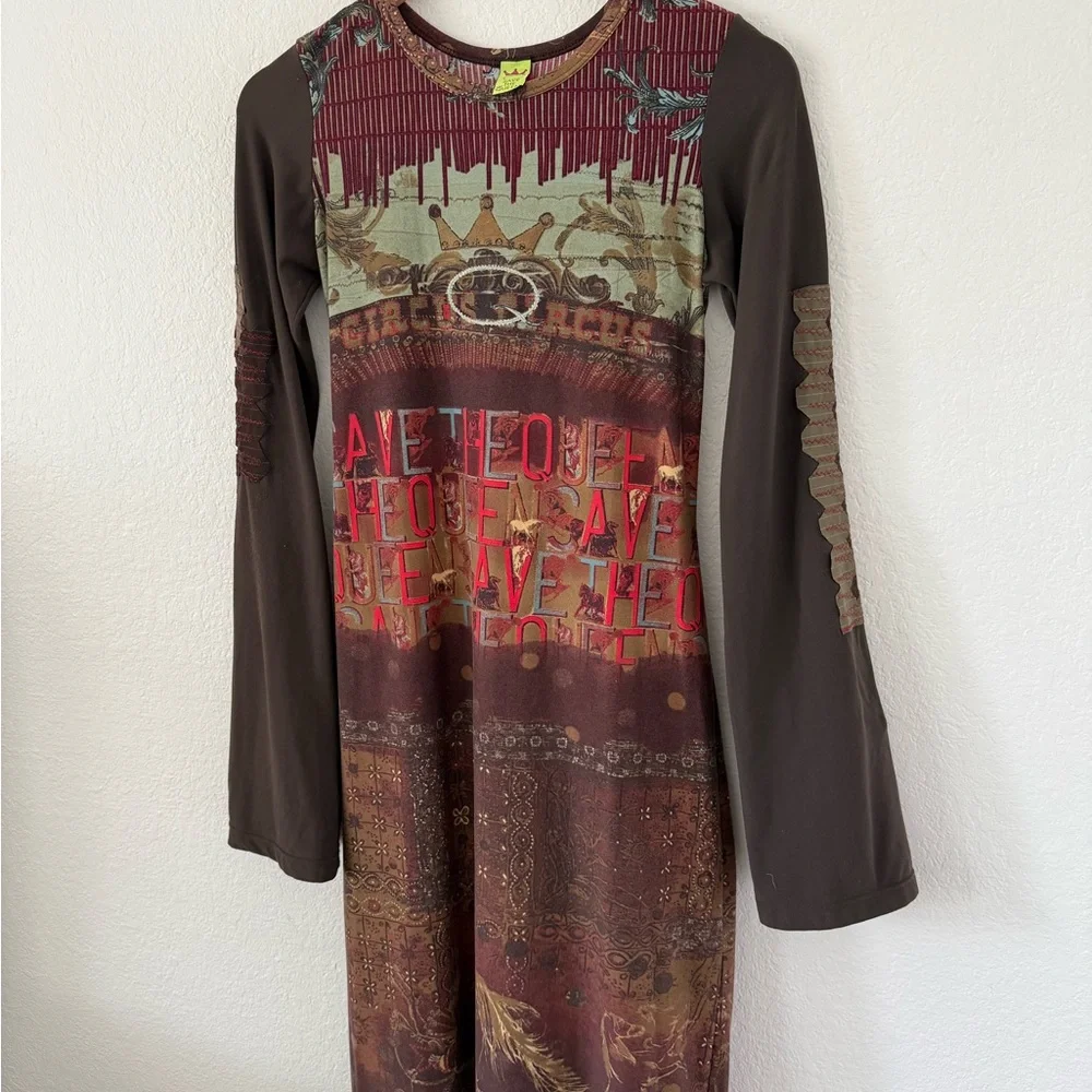 Bohemian Maroon Patchwork Long Sleeve Dress - Picture 9 of 10